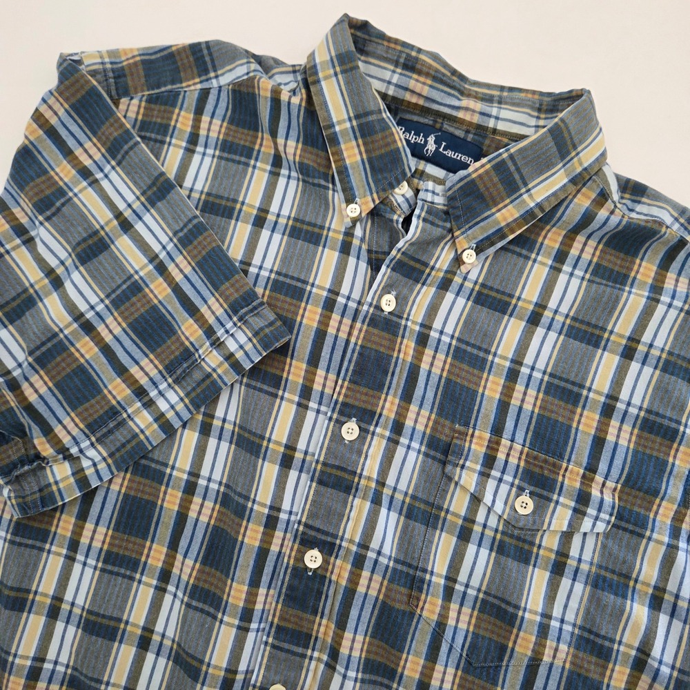 Ralph Lauren Button Down Shirt Blue Plaid Short Sleeve‎ Mens XL